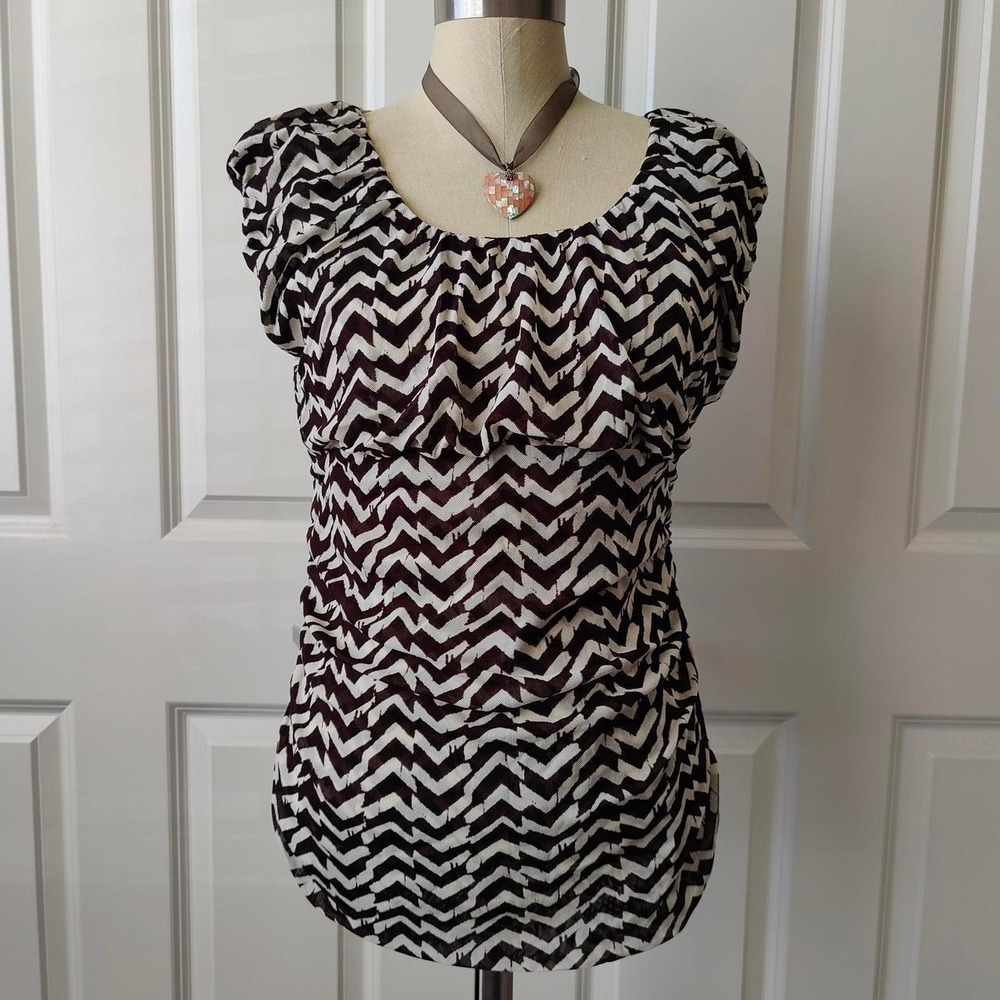 VTG Y2K Deadstock Ruched Babydoll Top Micro Mesh Brown L Kenneth Cole Stretch
